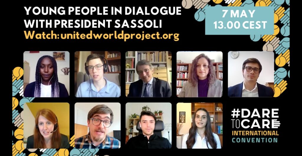 El presidente del Parlamento Europeo David Sassoli participa en el Foro Internacional ”DareToCare”