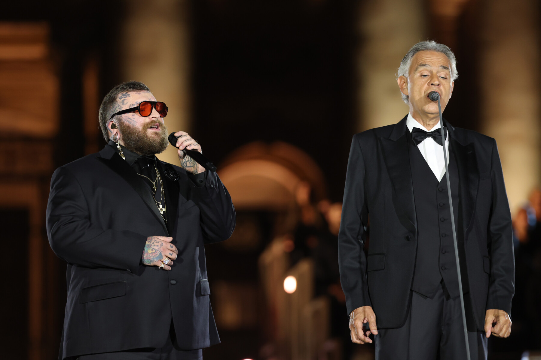 VATICAN CITY, VATICAN - SEPTEMBER 13: Teddy Swims and Andrea Bocelli perform onstage during the "Grace For The World" event at St. Peter's Square on September 13, 2025 in Vatican City, Vatican. (Photo by Daniele Venturelli/Getty Images for Grace For The World)